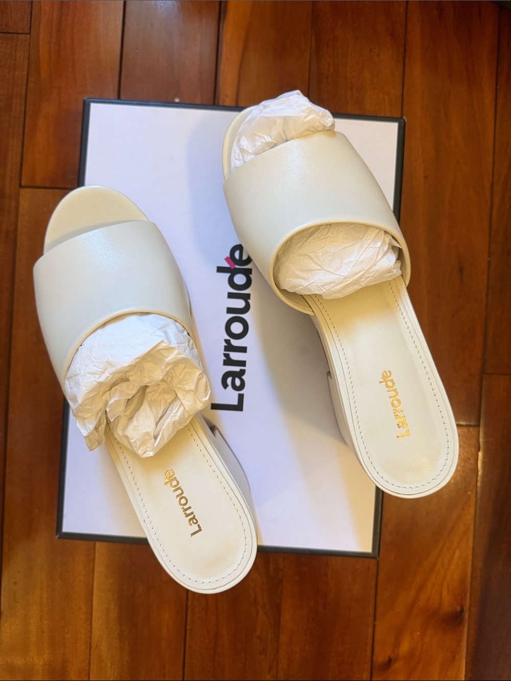 Larroude Cream Slide Mules with Single Wide Band